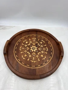 Handmade Wood Inlay Serving Tray Round Floral 15" Rustic Breakfast Drink Decor - Picture 1 of 11