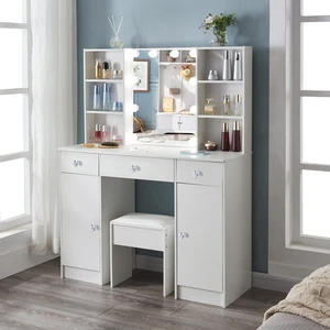 10 Led Mirror Vanity Makeup Dressing Table Vanity Set Bedroom Dresser Desk White - Picture 1 of 8