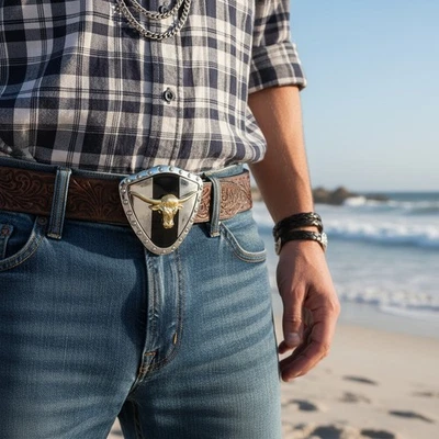 Uomo Metallo Argento Cowboy Cintura Fibbia Texas Lone Corno Mucca Oro Bull - Immagine 1 di 4