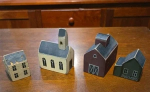 Lot of 4 Vintage Tender Heart Treasures Primitive Mini Wood Houses Church. SJS - Picture 1 of 24