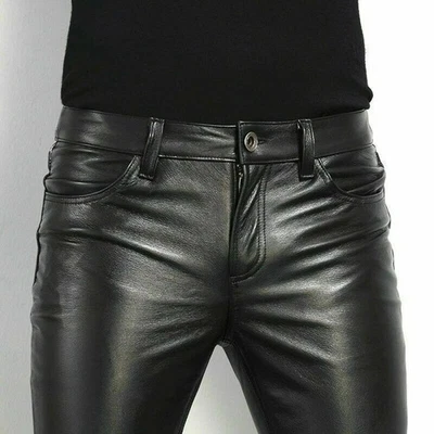 Men's Tight Leather Pants 80s Punk Rock Skinny Motorcycle Gothic Biker Trouser👖 - Image 1 of 4
