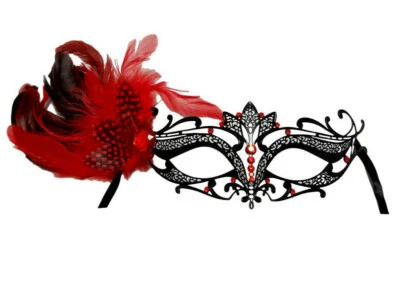 Máscara Tiara Cristal Metal Mardi Gras Mascarada Plumas Punto Negro Rojo Foto 1 de 3
