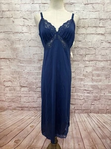 Shadowline Vintage Full Slip Size 36 Navy Blue Nylon Satin Lustre Lace Trim NOS - Picture 1 of 11