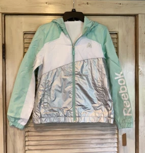 Reebok S Women’s hooded windbreaker fleece lined jacket mint metallic silver NWT - Bild 1 von 13