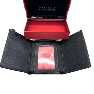 Perry Ellis Portfolio Men's Genuine Leather Tri-Fold Wallet Black color NWT - Picture 1 of 5