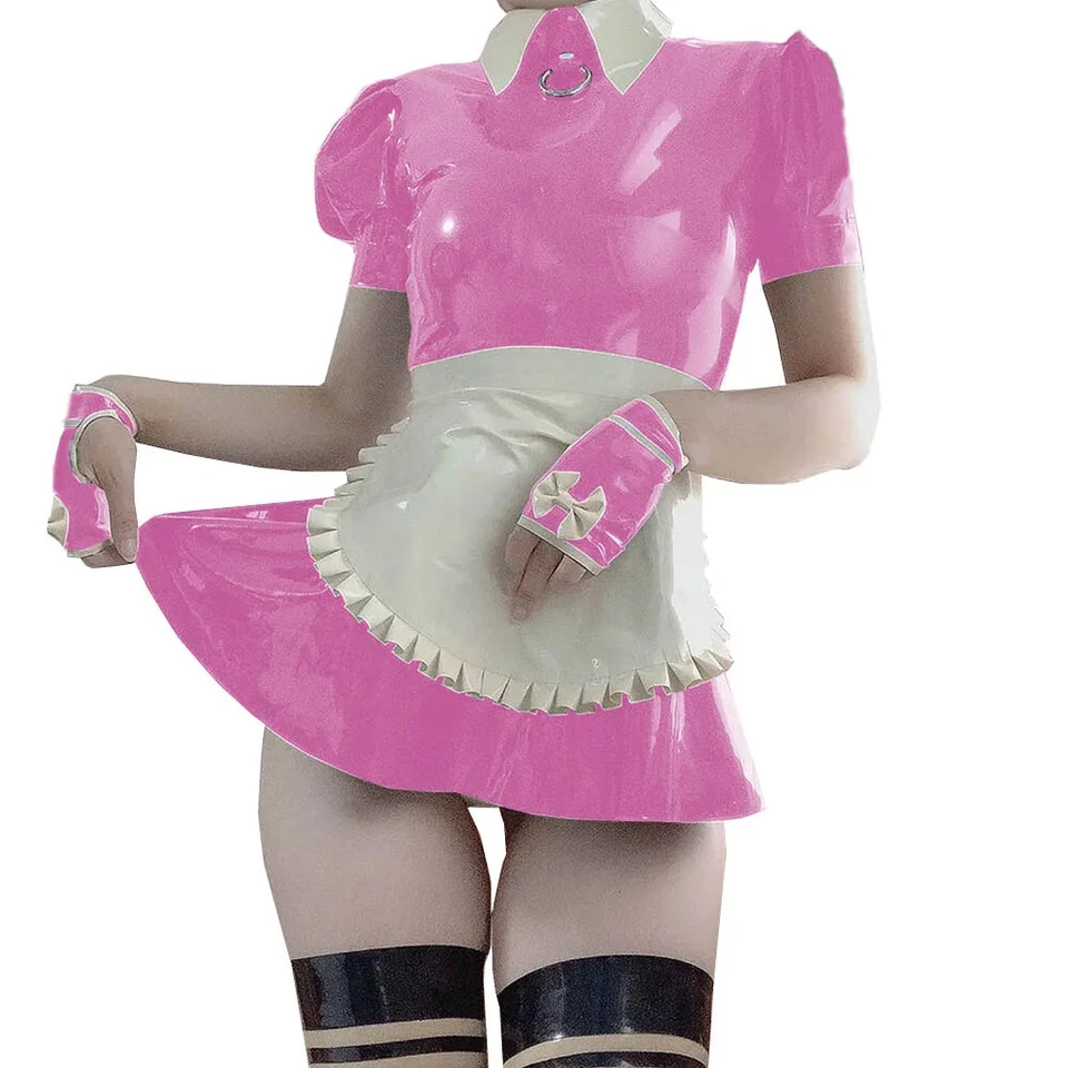 Sissy Shiny PVC Leather Sexy Maid Mini Dress Puff Short Sleeve Cosplay Costumes  - Image 1 of 4