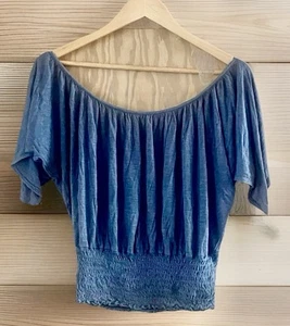 Grey Peasant Milkmaid Short Flutter Sleeve Loose Top Size M Ruched Waist - Picture 1 of 5