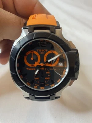 Tissot T-Race Men's Watch Black Dial Orange Rubber Band **READ** - image 1 of 4