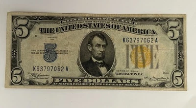 1934-A $5.00 Yellow Seal North Africa VF Fr # 2307 - Image 1 of 2