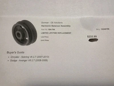 Equilibrador armónico Dorman 594-794 se adapta a Sebring V6 2,7 07-10 Avenger 2,7 08-09 Foto 1 de 4