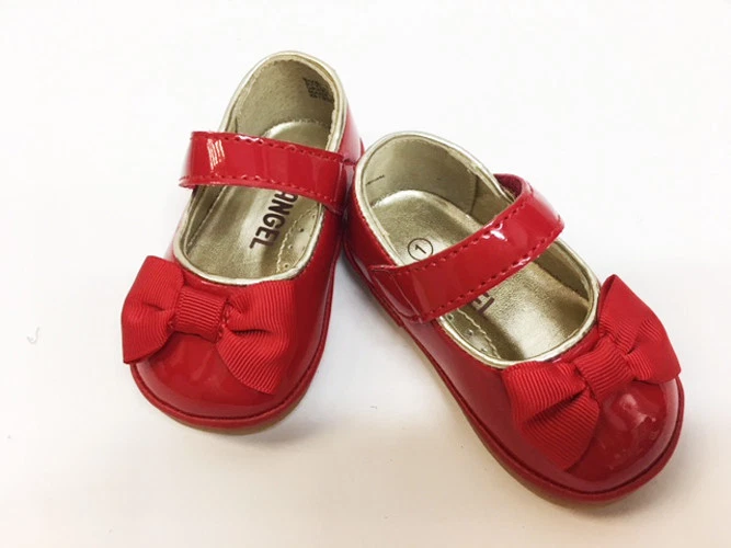 New Angel Baby Infant Girl's Gold Trim Red Patent Bow Top Maryjane Shoes - Image 1 of 1