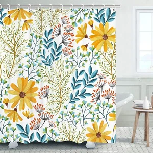 Floral Shower Curtain Yellow Floral Shower Curtain Shower Curtain Set with 12... - Picture 1 of 6