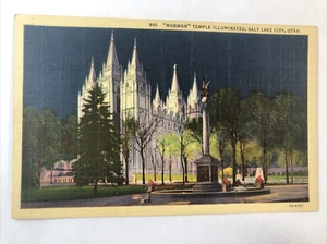 Postal de lino vintage iluminada Templo Mormón de Salt Lake City, UT Utah - Imagen 1 de 7