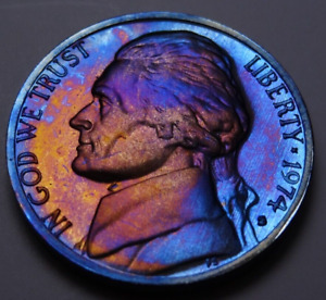 1974S U.S. Mint Gem Proof, Jefferson Nickel, Rainbow Toned, Collectors Choice