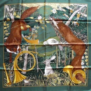 HERMES Scarf Carre 90cm CHASSE au BOIS 100% Silk Animal Green Brown - Picture 1 of 10