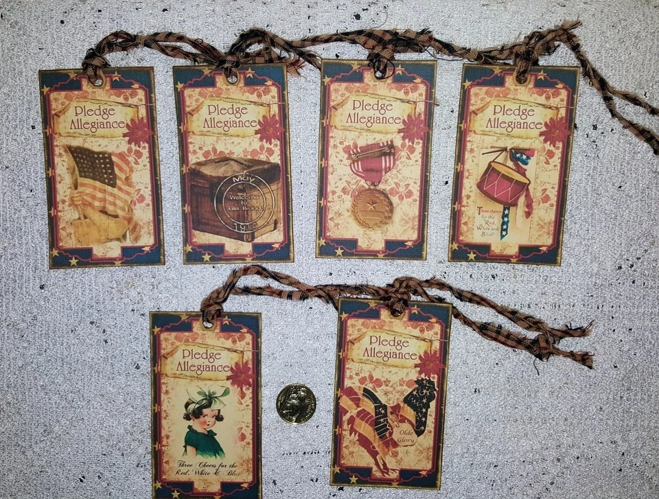 6~Primitive~July 4th~Patriotic~Fussy Cut~Linen Cardstock~Gift~Hang~Tags~Ornies - Image 1 of 1