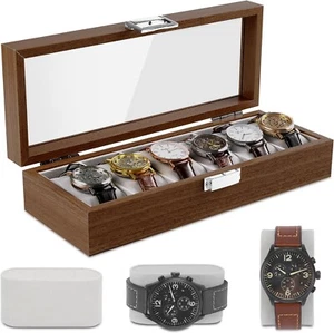 Scatola Porta Orologi In Legno Elegante 6 Scomparti Con Copertura In Vetro - Foto 1 di 6