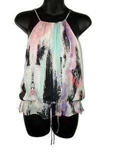 Parker Pastel Watercolor Silk Sleeveless Blouse Small Multicolor Spaghetti Strap - Picture 1 of 6