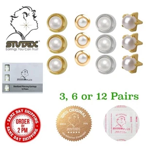 3, 6 or 12 STUDEX PEARL GOLD PLATED SURGICAL STEEL EARRINGS STUDS BEZEL CLAW SET - Picture 1 of 22