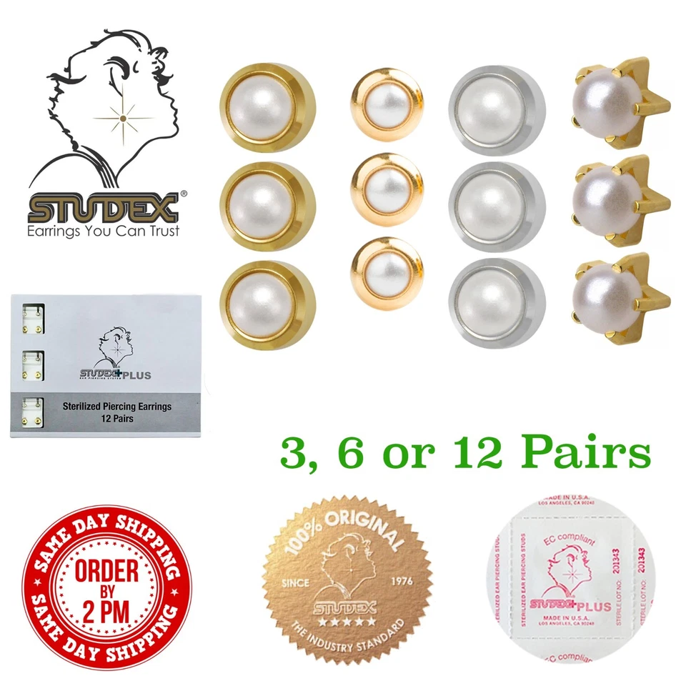 3, 6 o 12 STUDEX PERLAS CHAPADO EN ORO ACERO QUIRÚRGICO PENDIENTES TACHUELAS BISEL GARRA CONJUNTO Foto 1 de 4