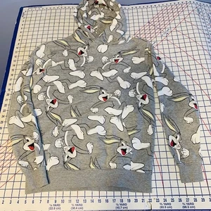 H&M Bugs Bunny Sweatshirt Gray Kangaroo Pocket Medium Drawstring Fleece Hood - Picture 1 of 8