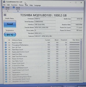 TOSHIBA CANVIO MQ01UBD100 1TB HDD USB 90 Power on Hours Ver AZA AA00/AX001U - Picture 1 of 17