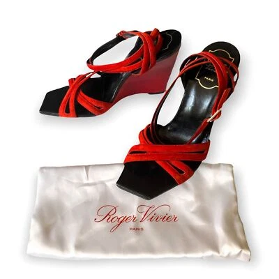ROGER VIVIER Suede Wedge Sandals Size: 37.5 EU, Red - Image 1 of 4