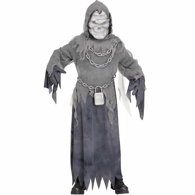 Boys Grim Reaper Ghost Halloween Costume Hooded Robe Chains Sound FX Mask Child - Image 1 of 3