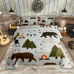 Happy Camping Comforter Set Twin Size Hunt Bear Pine Trees Bedding Set for Kids - Picture 1 of 6