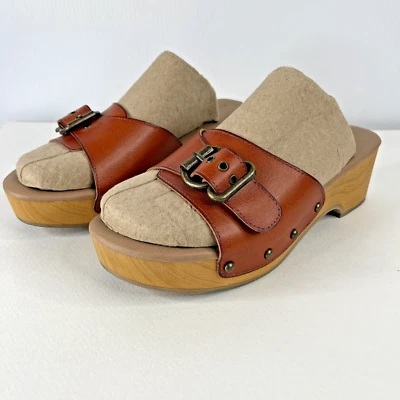 Torrid Buckle Wood Block Heel Open Toe Slide Sandal Cognac 9.5 WW Extra Wide - Image 1 of 4