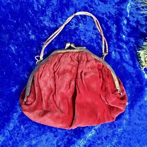 Antique Vintage Velvet Change Purse With Handle & Patina Red - Picture 1 of 8