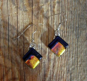 Orange Yellow Dichroic Glass Pierced Dangle Earrings Handmade - Picture 1 of 3