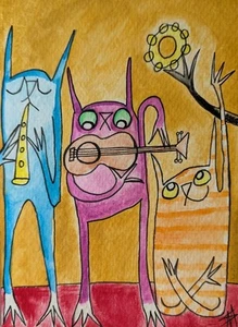 Cat Painting Watercolor Original Abstract Music Folk Art Samantha McLean (4x6in) - Picture 1 of 2