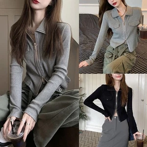 Womens Double Zipper Lapel Cardigan with Long Sleeves in Gray and Black - Picture 1 of 32