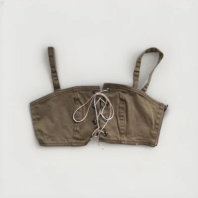 开幕式女式上衣小号棕色斜纹卡其色系带紧身胸衣裁剪 — 第 1/4 张图片