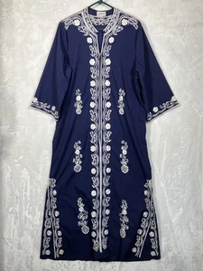 Large Vintage Embroidered Blue & White Pietra Kaftan Caftan Zipper Maxi Dress - Picture 1 of 14