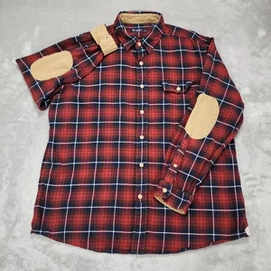 Cremieux Shirt Mens XL Red Navy Plaid Button Down Elbow Patch Flannel Classic - Picture 1 of 14