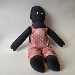 Vintage Handmade Black Cloth Rag Doll 14" Folk Art Primitive Embroidered Face - Picture 1 of 22