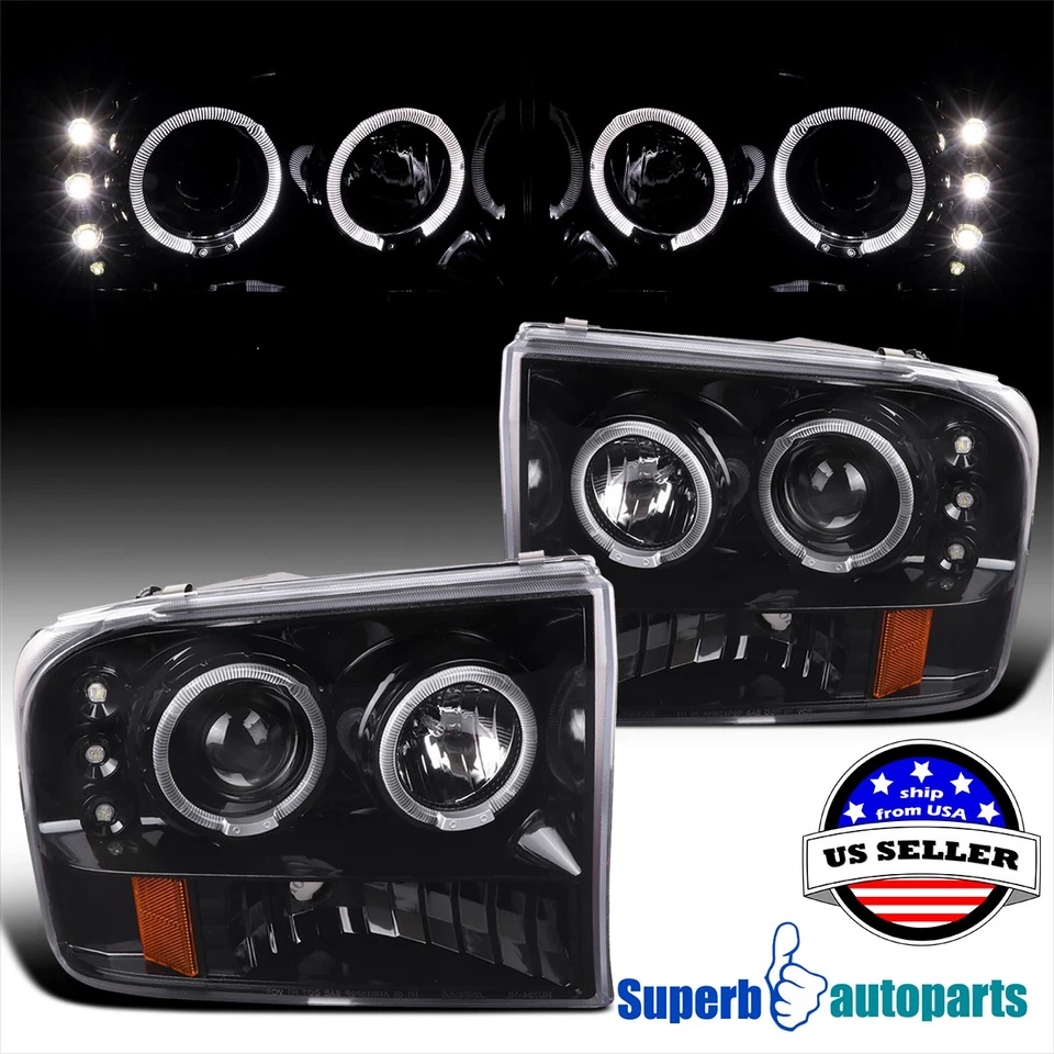 Fits 99-04 Ford F250 F350 Super Duty Polished Black Halo Projector Headlight Foto 1 de 4