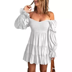Off The Shoulder V Neck Long Sleeve Ruffle Flowy Mini Dress Sz S - Picture 1 of 5