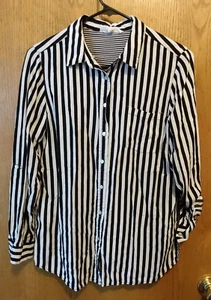 Jane + Delancey Top Medium Black/White Stripe Roll Tab Sleeve Button Back Split - Picture 1 of 14