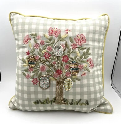 Pier 1 Pillow ‘Easter Pastoral Life’ Beaded Embroidery Green Gingham Sweet!  16” - Image 1 of 4