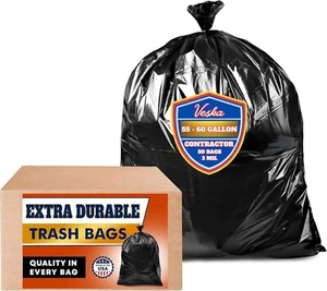 Veska 55-60 Gallon Leak Proof Durable 3 Mil Contractor Trash Bag, 50 Bags w/Ties - Picture 1 of 9