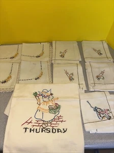 VTG Lot 10 Hand Embroidered Cross Stitch Linens, Napkins, Towel - Picture 1 of 5