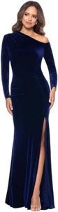 Betsy & Adam Sapphire Blue One-Shoulder Long Sleeve Velvet Gown Size 6 $239 - Picture 1 of 3