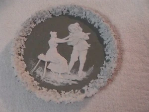 Vtg Bisque Jasperware Wall Plaque Lady Sitting Down Man P laying Music Germany - Picture 1 of 2