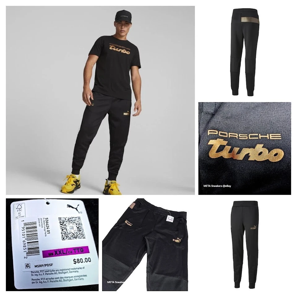 Pantalones para hombre Puma Porsche Turbo 2XL negros/dorados raros bolsillos con cremallera corredor de carreras nuevos con etiquetas Foto 1 de 4