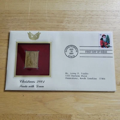 Navidad 2001 Papá Noel con tambor oro 22kt réplica sello primer día con tarjeta Foto 1 de 4
