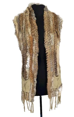 Real Rabbit Fur Knitted Vest w Fringe Tassels Pockets Stole Gilet Brown Women OS - Image 1 of 4