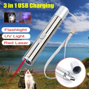 3 in 1 USB Rechargeable Red Laser Pointer Pen Beam Mini LED Flashlight UV Light - Picture 1 of 24